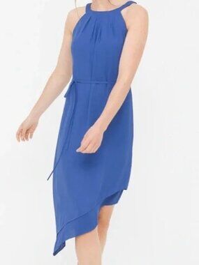 White House Black Market Blue Chiffon Halter Dress Asymmetrical Belted Size 4